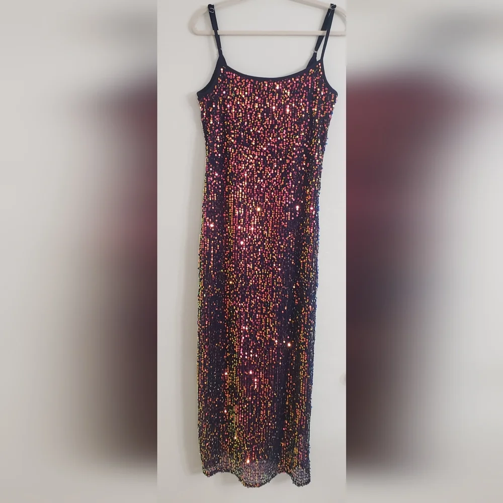 Multicolor NWT Lined Sequin Pencil Dress Large Stetch GlamShine Statement Piece